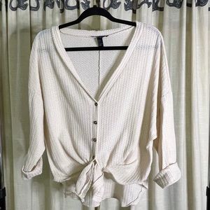 Waffle Knit Tie Front Top- Ivory